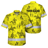 Hi Vis Hawaiian Shirt Reflective Tapes Yellow Neon Cowboy Custom Name Safety Workwear For Mechanics, Workers, Truckers, Operators