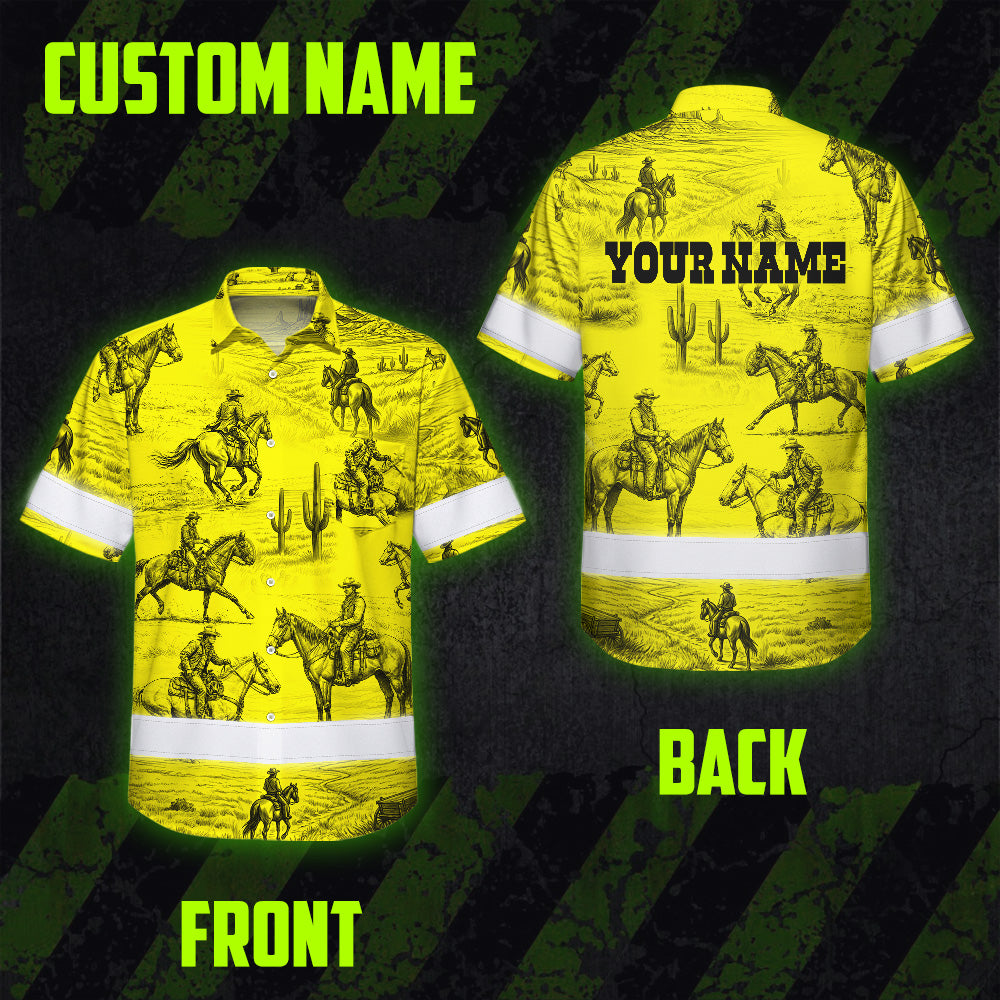 Hi Vis Hawaiian Shirt Reflective Tapes Yellow Neon Cowboy Custom Name Safety Workwear For Mechanics, Workers, Truckers, Operators