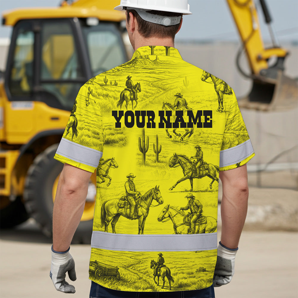 Hi Vis Hawaiian Shirt Reflective Tapes Yellow Neon Cowboy Custom Name Safety Workwear For Mechanics, Workers, Truckers, Operators
