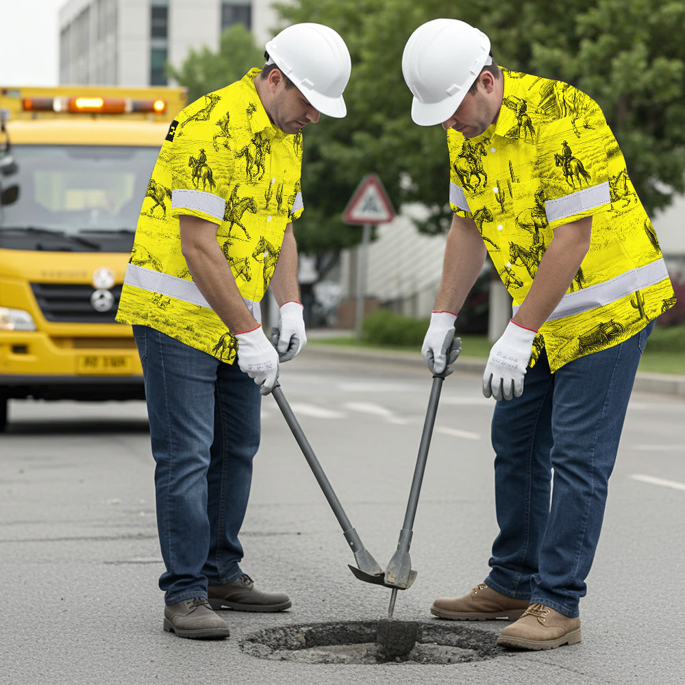 Hi Vis Hawaiian Shirt Reflective Tapes Yellow Neon Cowboy Custom Name Safety Workwear For Mechanics, Workers, Truckers, Operators