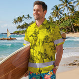 Hi Vis Hawaiian Shirt Reflective Tapes Yellow Neon Cowboy Custom Name Safety Workwear For Mechanics, Workers, Truckers, Operators