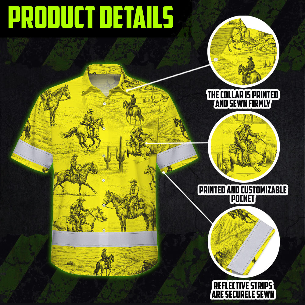 Hi Vis Hawaiian Shirt Reflective Tapes Yellow Neon Cowboy Custom Name Safety Workwear For Mechanics, Workers, Truckers, Operators
