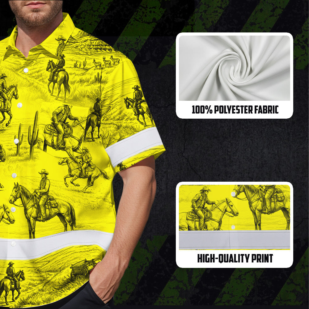 Hi Vis Hawaiian Shirt Reflective Tapes Yellow Neon Cowboy Custom Name Safety Workwear For Mechanics, Workers, Truckers, Operators