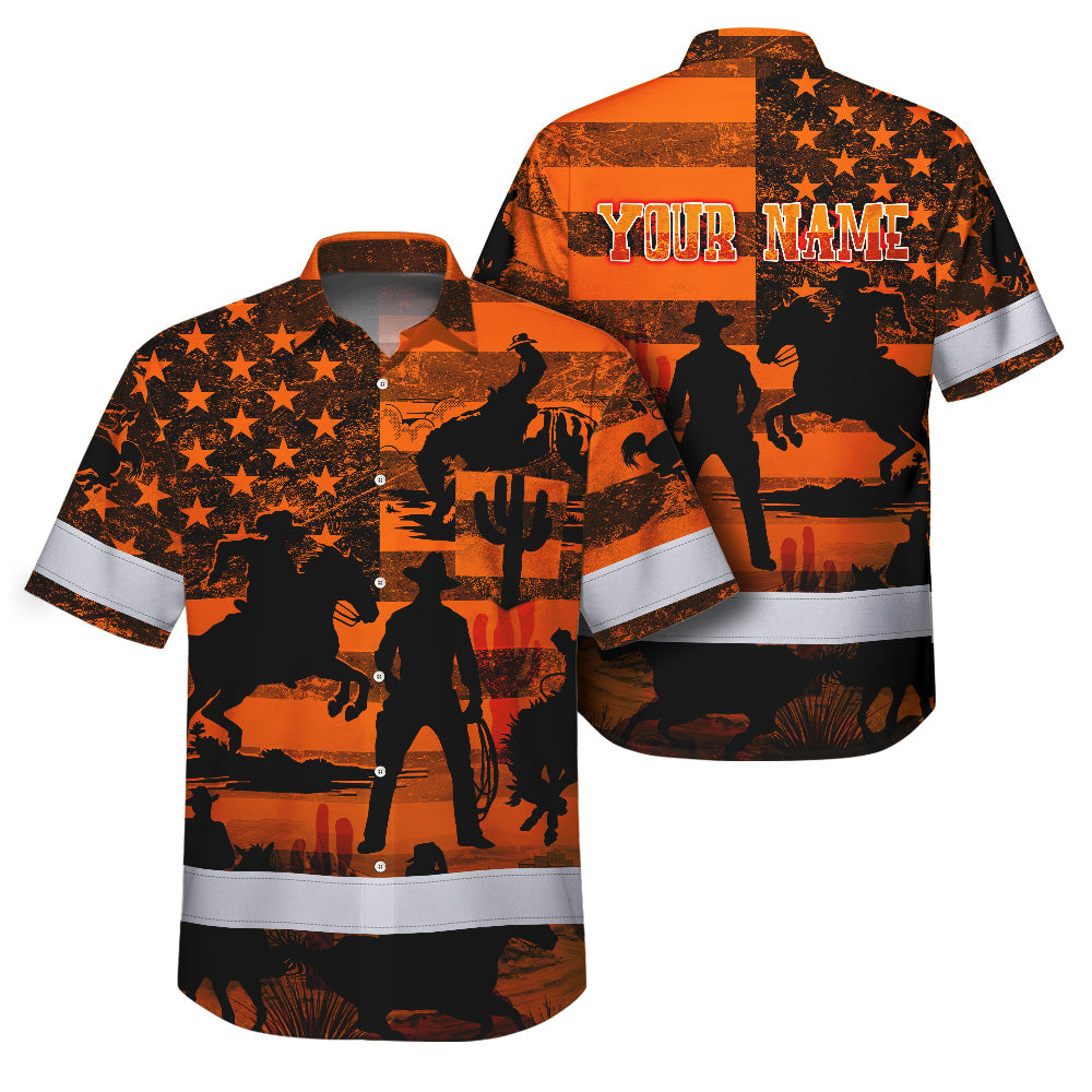 Hi Vis Hawaiian Shirt Reflective Tapes Orange Neon Cowboy Custom Name Safety Workwear For Mechanics, Workers, Truckers, Operators