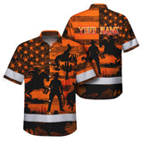 Hi Vis Hawaiian Shirt Reflective Tapes Orange Neon Cowboy Custom Name Safety Workwear For Mechanics, Workers, Truckers, Operators