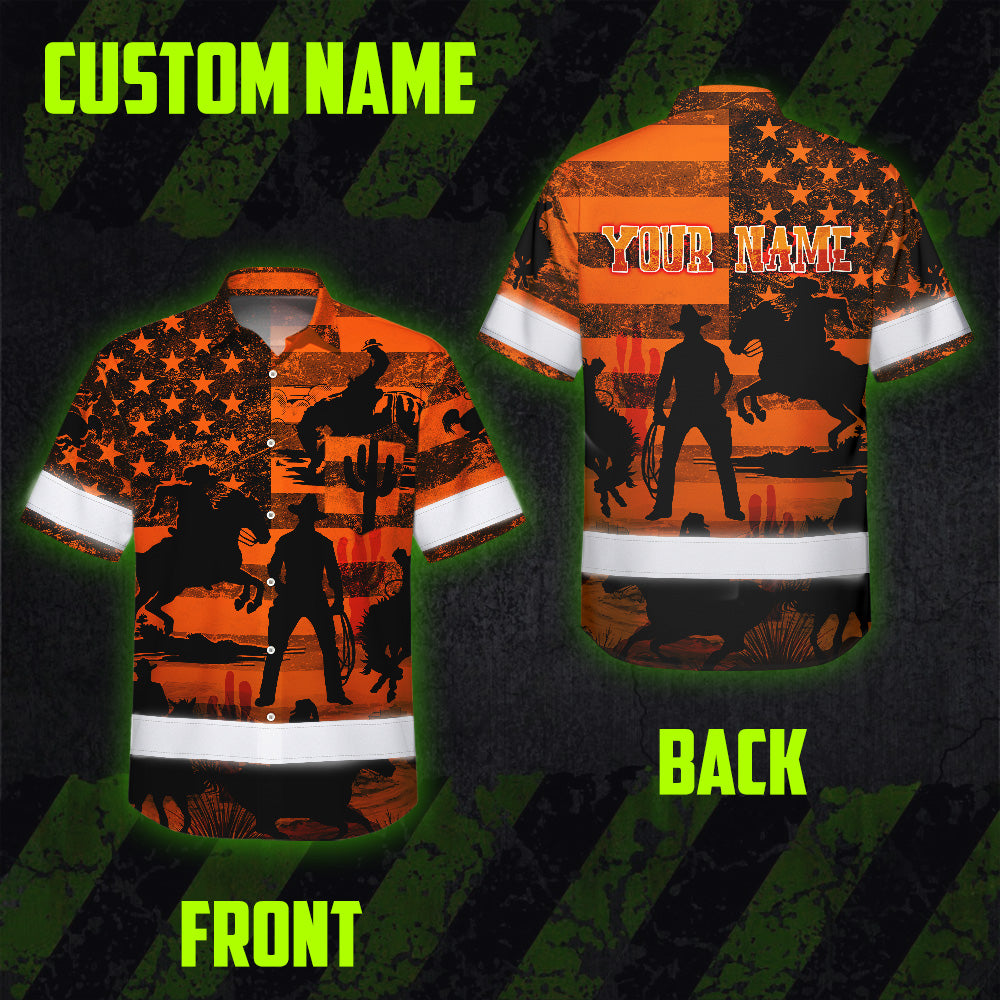 Hi Vis Hawaiian Shirt Reflective Tapes Orange Neon Cowboy Custom Name Safety Workwear For Mechanics, Workers, Truckers, Operators