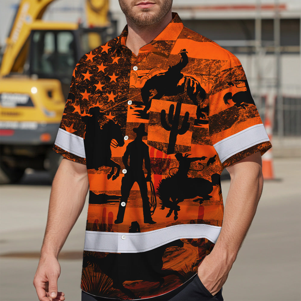 Hi Vis Hawaiian Shirt Reflective Tapes Orange Neon Cowboy Custom Name Safety Workwear For Mechanics, Workers, Truckers, Operators