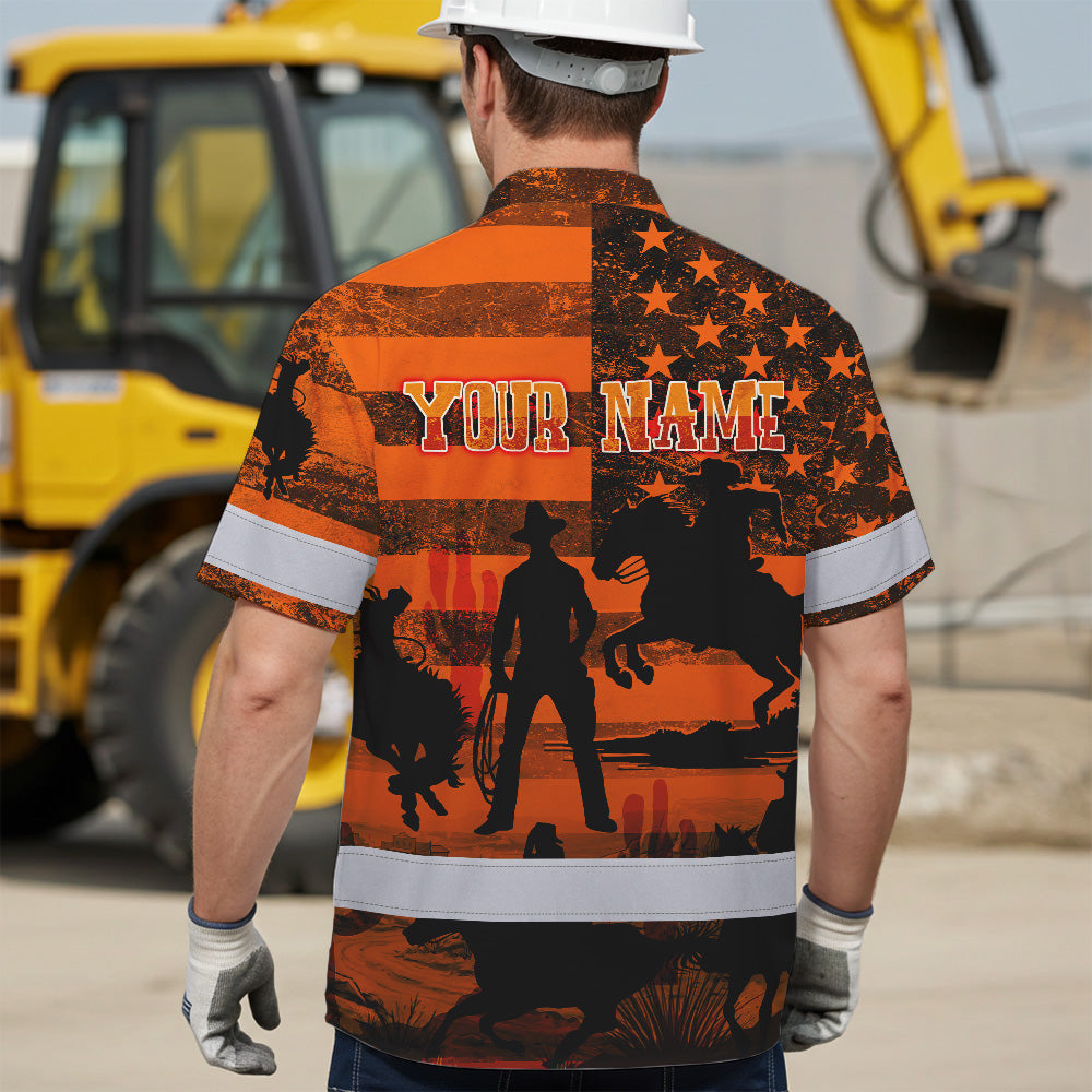 Hi Vis Hawaiian Shirt Reflective Tapes Orange Neon Cowboy Custom Name Safety Workwear For Mechanics, Workers, Truckers, Operators