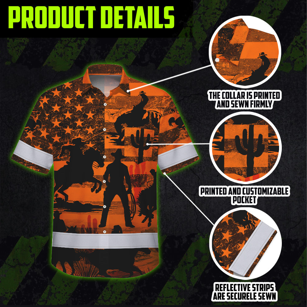 Hi Vis Hawaiian Shirt Reflective Tapes Orange Neon Cowboy Custom Name Safety Workwear For Mechanics, Workers, Truckers, Operators