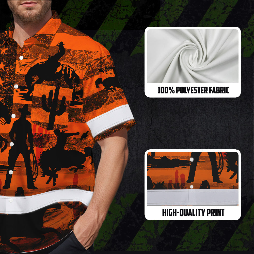 Hi Vis Hawaiian Shirt Reflective Tapes Orange Neon Cowboy Custom Name Safety Workwear For Mechanics, Workers, Truckers, Operators