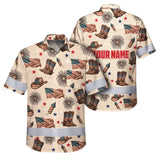 Hi Vis Hawaiian Shirt Reflective Tapes US Flag Cowboy Custom Name Safety Workwear For Mechanics, Workers, Truckers, Operators