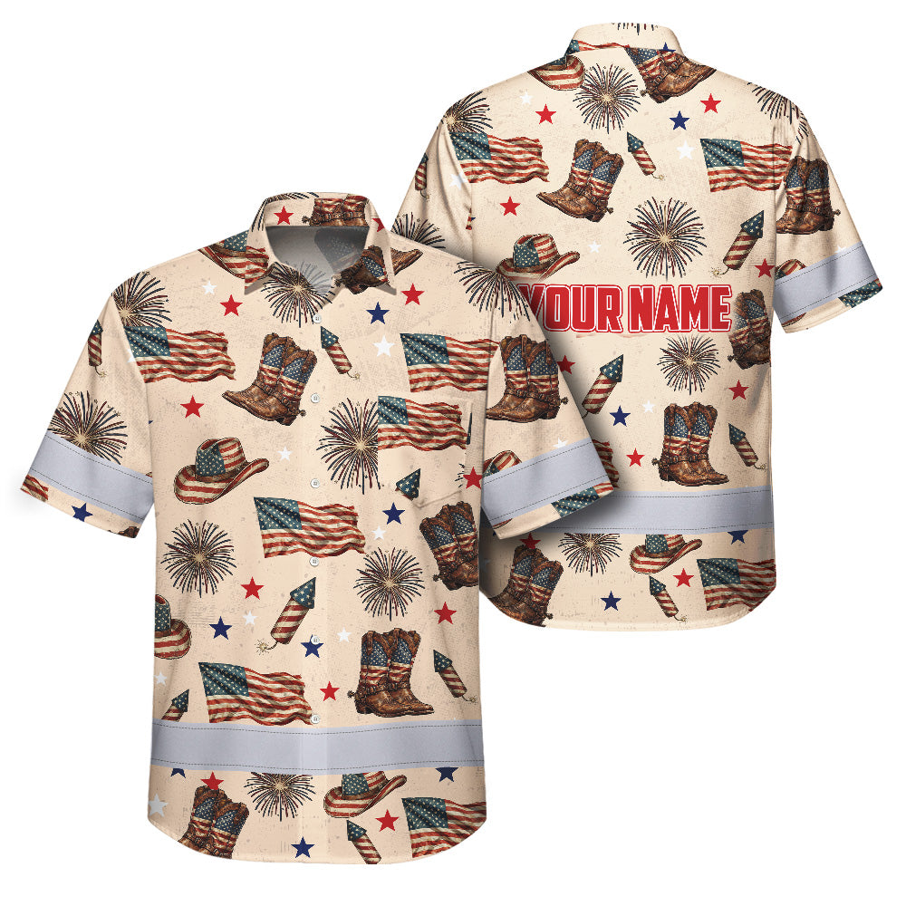 Hi Vis Hawaiian Shirt Reflective Tapes US Flag Cowboy Custom Name Safety Workwear For Mechanics, Workers, Truckers, Operators