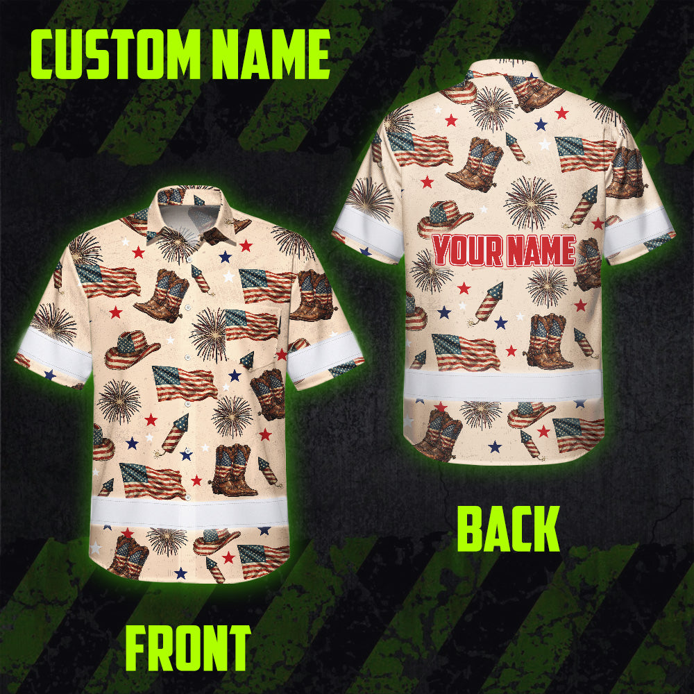 Hi Vis Hawaiian Shirt Reflective Tapes US Flag Cowboy Custom Name Safety Workwear For Mechanics, Workers, Truckers, Operators