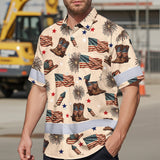 Hi Vis Hawaiian Shirt Reflective Tapes US Flag Cowboy Custom Name Safety Workwear For Mechanics, Workers, Truckers, Operators