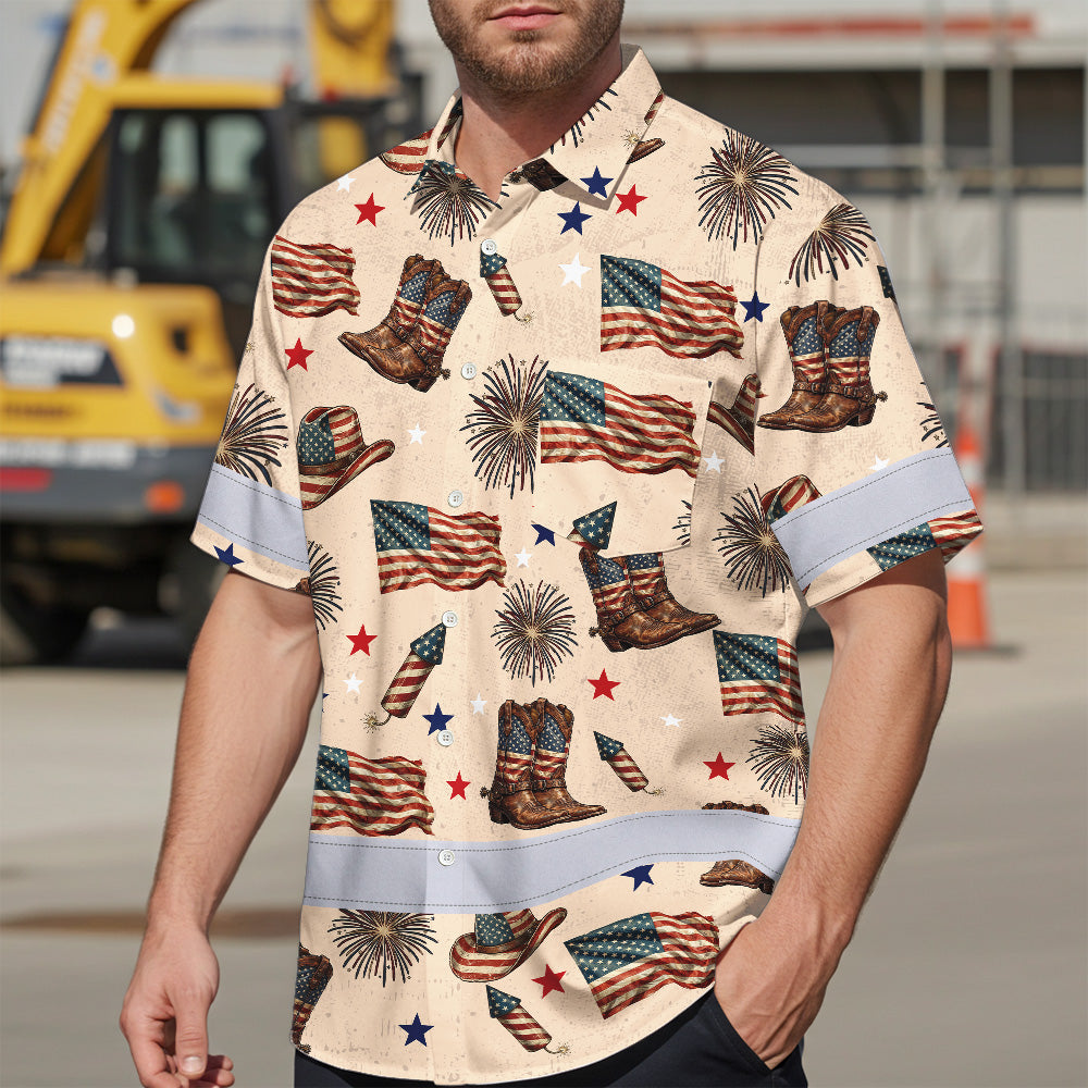 Hi Vis Hawaiian Shirt Reflective Tapes US Flag Cowboy Custom Name Safety Workwear For Mechanics, Workers, Truckers, Operators