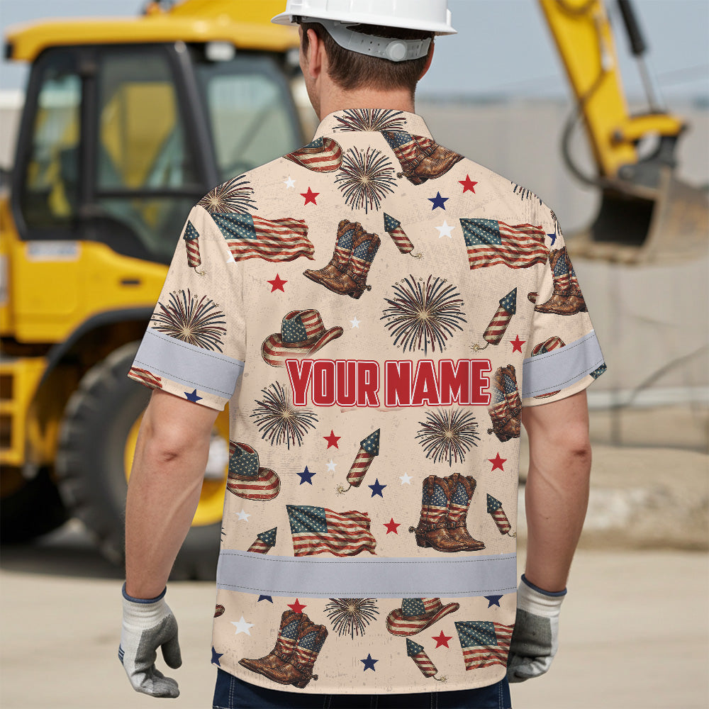 Hi Vis Hawaiian Shirt Reflective Tapes US Flag Cowboy Custom Name Safety Workwear For Mechanics, Workers, Truckers, Operators