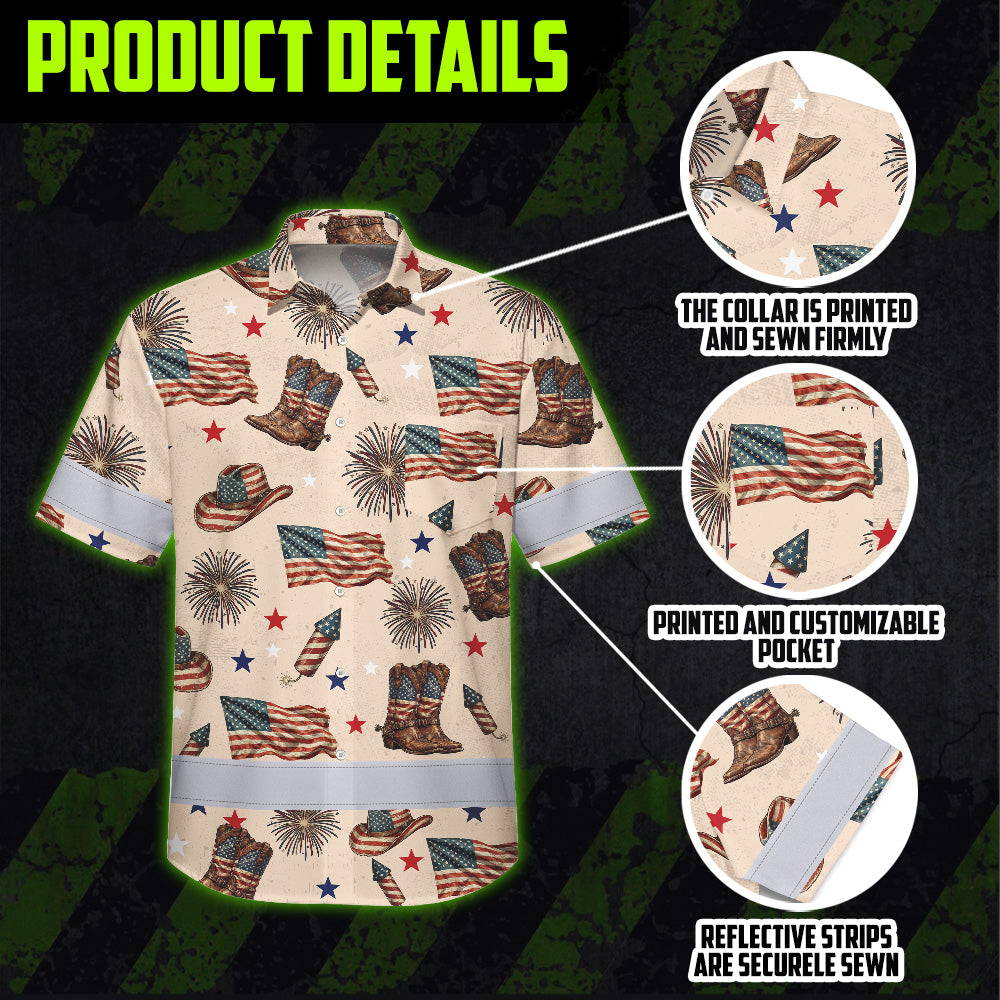 Hi Vis Hawaiian Shirt Reflective Tapes US Flag Cowboy Custom Name Safety Workwear For Mechanics, Workers, Truckers, Operators