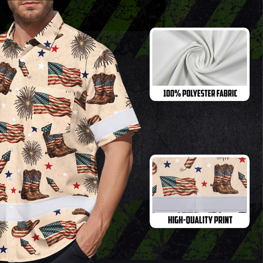 Hi Vis Hawaiian Shirt Reflective Tapes US Flag Cowboy Custom Name Safety Workwear For Mechanics, Workers, Truckers, Operators