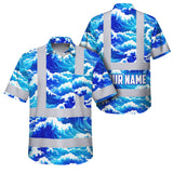 Hi Vis Hawaiian Shirt Reflective Tapes Gradient Blue Waves Custom Name Sea Pattern Safety Workwear For Mechanics, Workers, Truckers, Operators