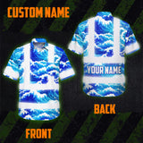 Hi Vis Hawaiian Shirt Reflective Tapes Gradient Blue Waves Custom Name Sea Pattern Safety Workwear For Mechanics, Workers, Truckers, Operators