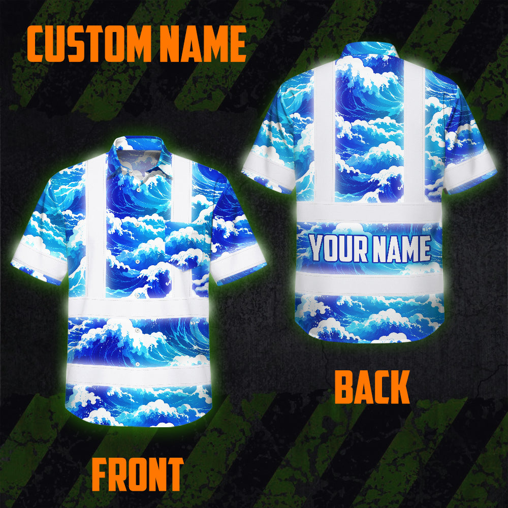 Hi Vis Hawaiian Shirt Reflective Tapes Gradient Blue Waves Custom Name Sea Pattern Safety Workwear For Mechanics, Workers, Truckers, Operators