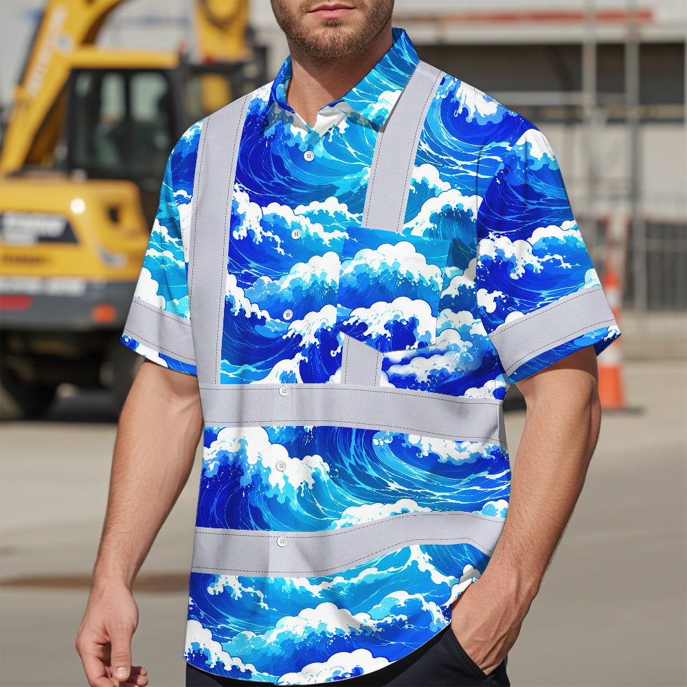 Hi Vis Hawaiian Shirt Reflective Tapes Gradient Blue Waves Custom Name Sea Pattern Safety Workwear For Mechanics, Workers, Truckers, Operators