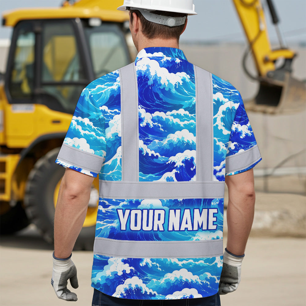 Hi Vis Hawaiian Shirt Reflective Tapes Gradient Blue Waves Custom Name Sea Pattern Safety Workwear For Mechanics, Workers, Truckers, Operators