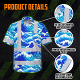Hi Vis Hawaiian Shirt Reflective Tapes Gradient Blue Waves Custom Name Sea Pattern Safety Workwear For Mechanics, Workers, Truckers, Operators