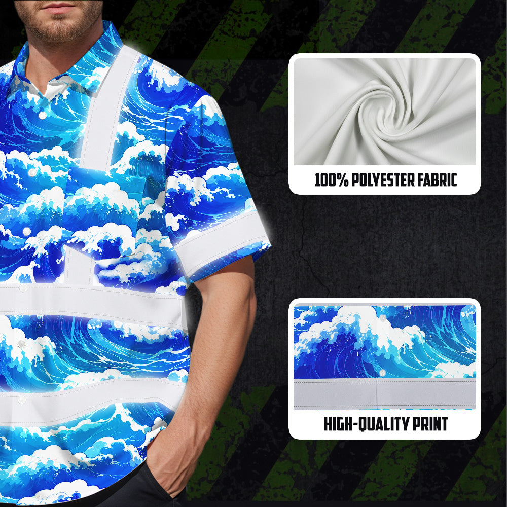 Hi Vis Hawaiian Shirt Reflective Tapes Gradient Blue Waves Custom Name Sea Pattern Safety Workwear For Mechanics, Workers, Truckers, Operators