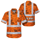 Hi Vis Hawaiian Shirt Reflective Tapes Orange Neon Waves Sea Pattern Custom Name Safety Workwear For Mechanics, Workers, Truckers, Operators