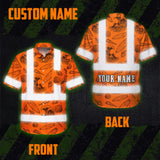 Hi Vis Hawaiian Shirt Reflective Tapes Orange Neon Waves Sea Pattern Custom Name Safety Workwear For Mechanics, Workers, Truckers, Operators