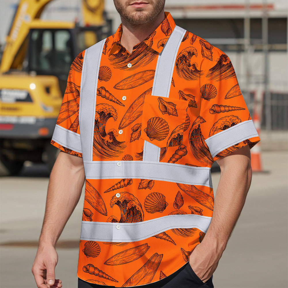 Hi Vis Hawaiian Shirt Reflective Tapes Orange Neon Waves Sea Pattern Custom Name Safety Workwear For Mechanics, Workers, Truckers, Operators