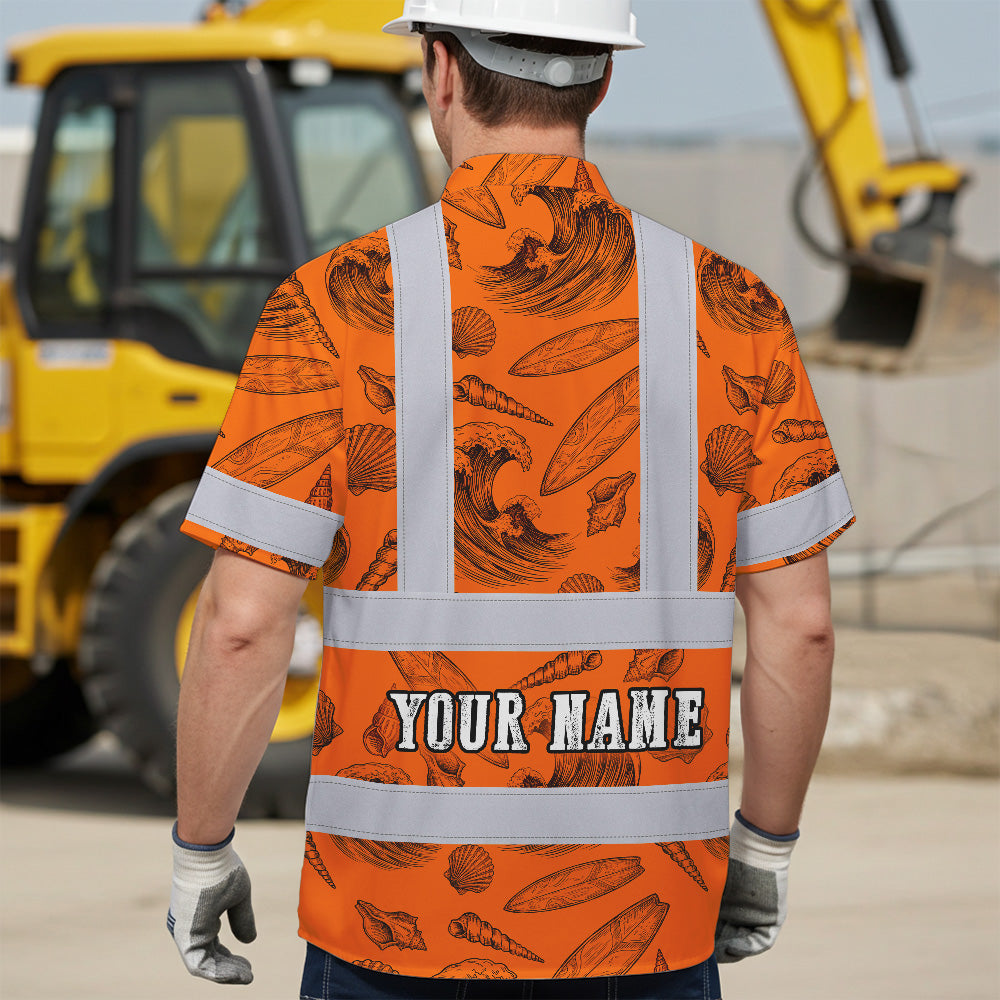 Hi Vis Hawaiian Shirt Reflective Tapes Orange Neon Waves Sea Pattern Custom Name Safety Workwear For Mechanics, Workers, Truckers, Operators