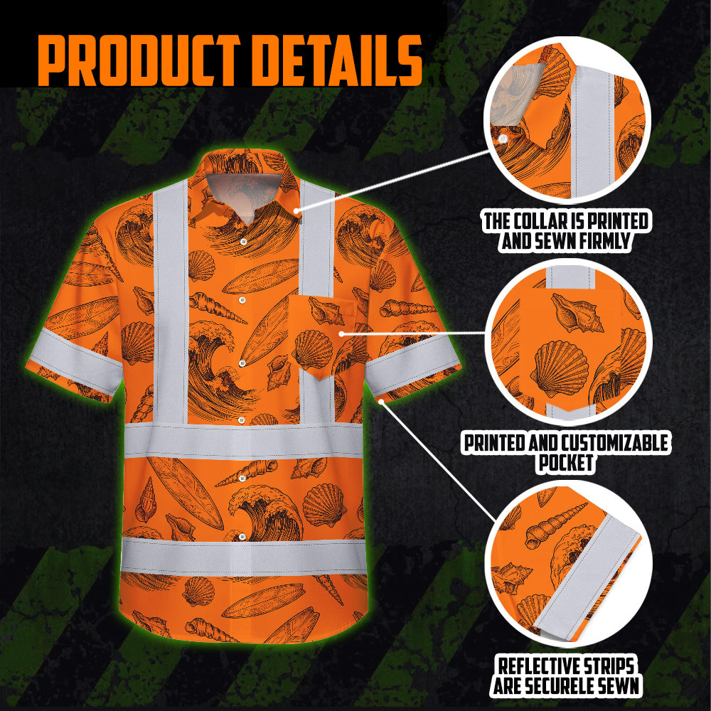 Hi Vis Hawaiian Shirt Reflective Tapes Orange Neon Waves Sea Pattern Custom Name Safety Workwear For Mechanics, Workers, Truckers, Operators