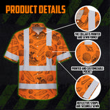 Hi Vis Hawaiian Shirt Reflective Tapes Orange Neon Waves Sea Pattern Custom Name Safety Workwear For Mechanics, Workers, Truckers, Operators