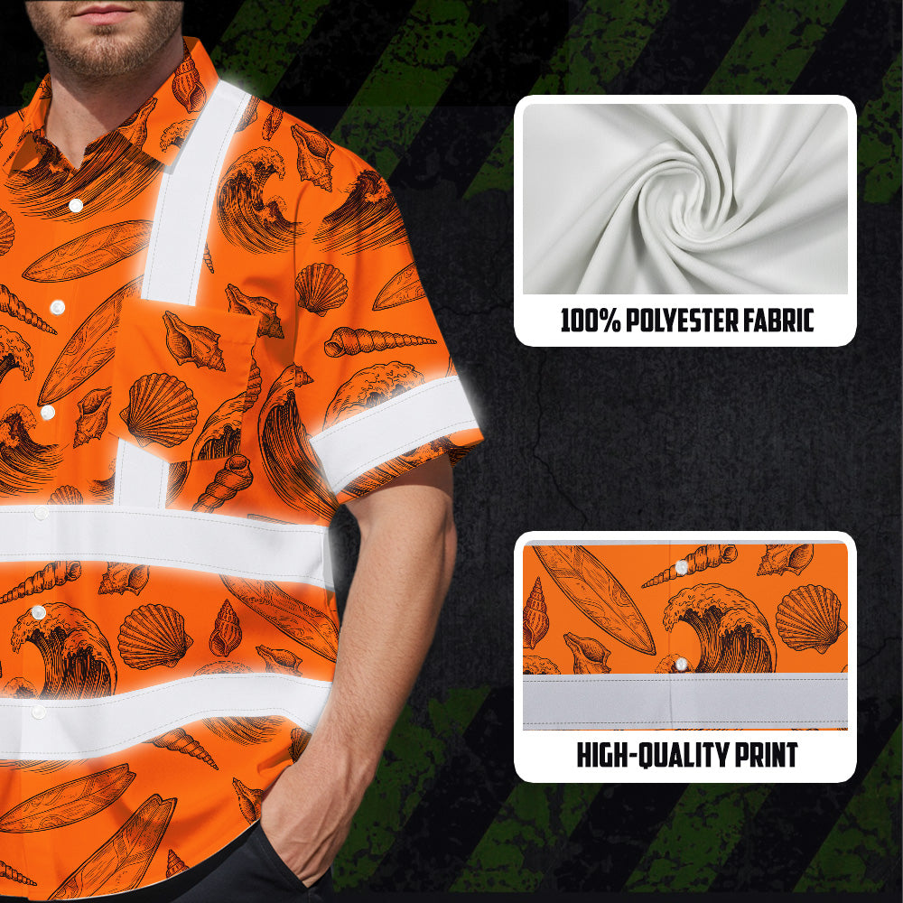 Hi Vis Hawaiian Shirt Reflective Tapes Orange Neon Waves Sea Pattern Custom Name Safety Workwear For Mechanics, Workers, Truckers, Operators