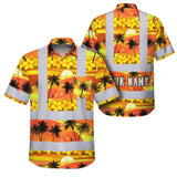 Hi Vis Hawaiian Shirt Reflective Tapes Gradient Orange Yellow Neon Waves Sea Pattern Custom Name Safety Workwear For Mechanics, Workers, Truckers, Operators