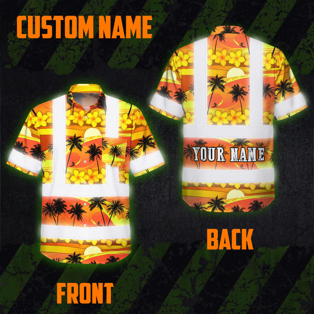 Hi Vis Hawaiian Shirt Reflective Tapes Gradient Orange Yellow Neon Waves Sea Pattern Custom Name Safety Workwear For Mechanics, Workers, Truckers, Operators