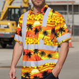 Hi Vis Hawaiian Shirt Reflective Tapes Gradient Orange Yellow Neon Waves Sea Pattern Custom Name Safety Workwear For Mechanics, Workers, Truckers, Operators