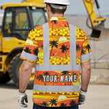 Hi Vis Hawaiian Shirt Reflective Tapes Gradient Orange Yellow Neon Waves Sea Pattern Custom Name Safety Workwear For Mechanics, Workers, Truckers, Operators
