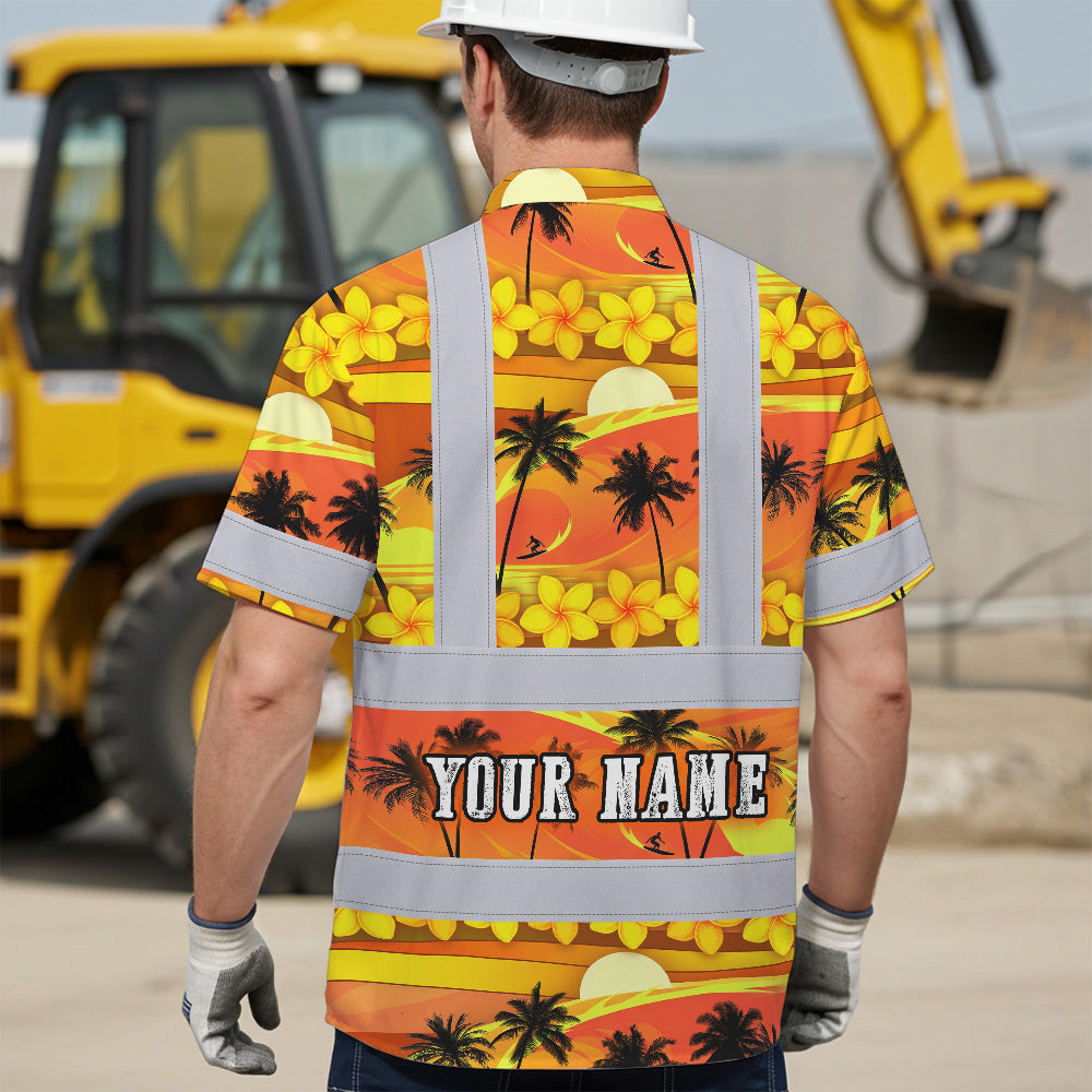 Hi Vis Hawaiian Shirt Reflective Tapes Gradient Orange Yellow Neon Waves Sea Pattern Custom Name Safety Workwear For Mechanics, Workers, Truckers, Operators