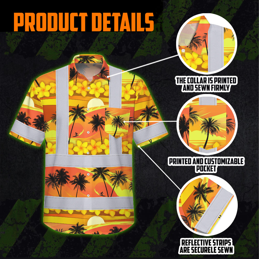 Hi Vis Hawaiian Shirt Reflective Tapes Gradient Orange Yellow Neon Waves Sea Pattern Custom Name Safety Workwear For Mechanics, Workers, Truckers, Operators