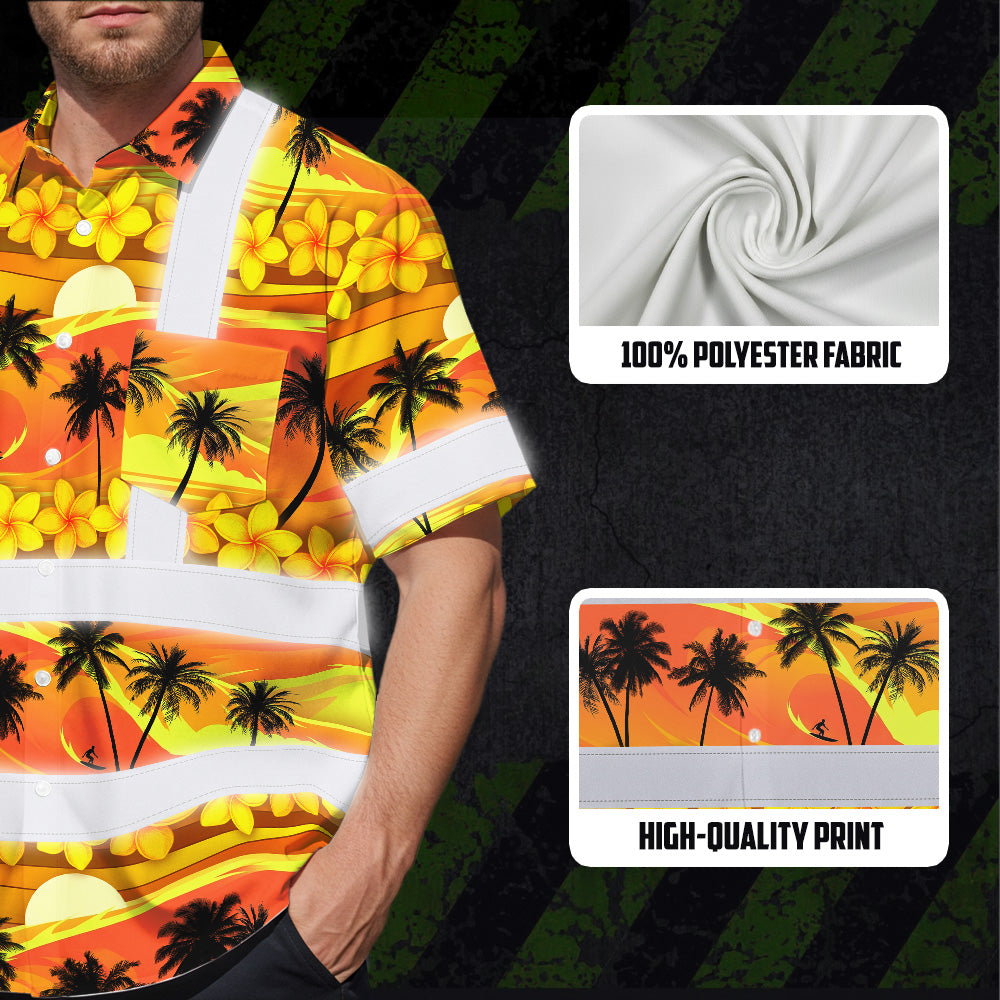 Hi Vis Hawaiian Shirt Reflective Tapes Gradient Orange Yellow Neon Waves Sea Pattern Custom Name Safety Workwear For Mechanics, Workers, Truckers, Operators
