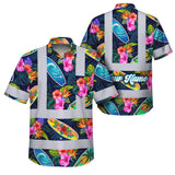 Hi Vis Hawaiian Shirt Reflective Tapes Surfboard Flower Sea Pattern Custom Name Safety Workwear For Mechanics, Workers, Truckers, Operators