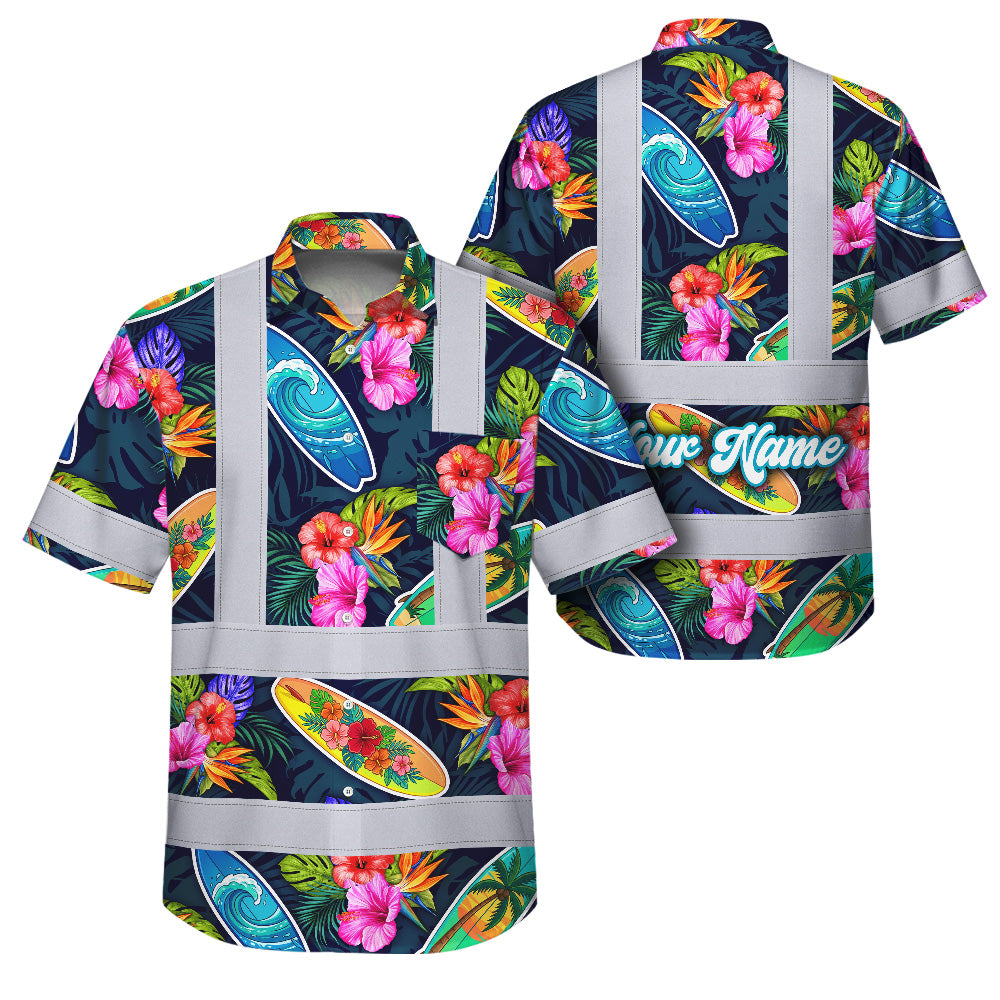 Hi Vis Hawaiian Shirt Reflective Tapes Surfboard Flower Sea Pattern Custom Name Safety Workwear For Mechanics, Workers, Truckers, Operators