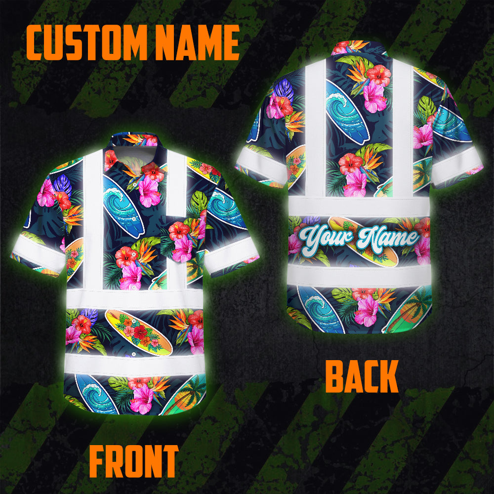 Hi Vis Hawaiian Shirt Reflective Tapes Surfboard Flower Sea Pattern Custom Name Safety Workwear For Mechanics, Workers, Truckers, Operators