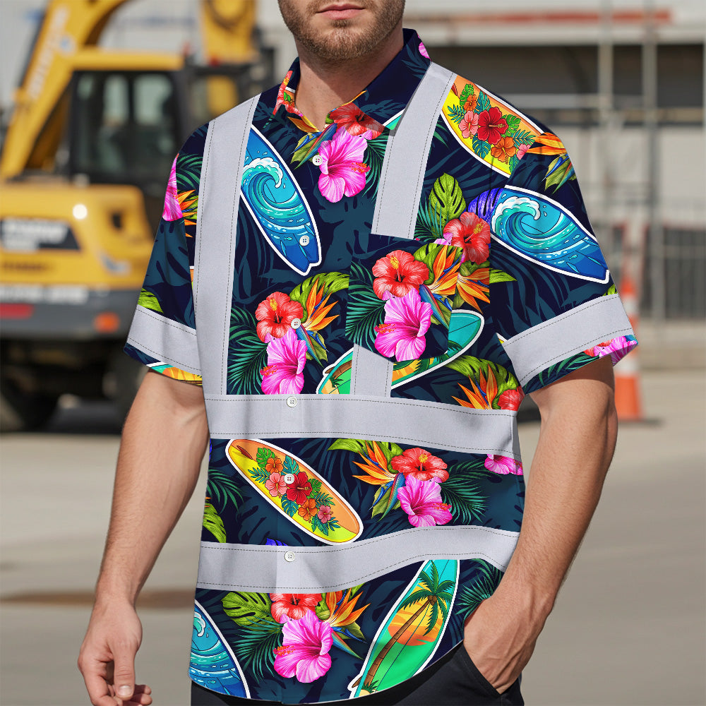 Hi Vis Hawaiian Shirt Reflective Tapes Surfboard Flower Sea Pattern Custom Name Safety Workwear For Mechanics, Workers, Truckers, Operators