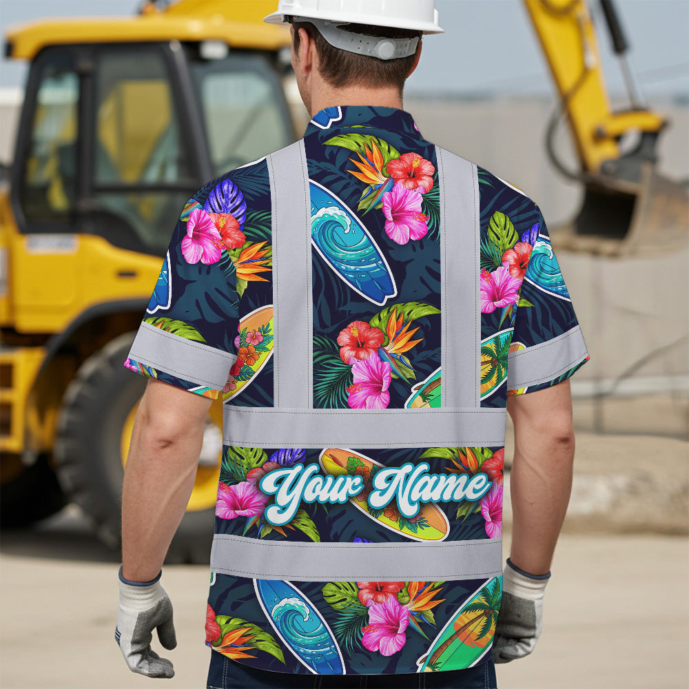 Hi Vis Hawaiian Shirt Reflective Tapes Surfboard Flower Sea Pattern Custom Name Safety Workwear For Mechanics, Workers, Truckers, Operators