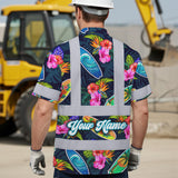 Hi Vis Hawaiian Shirt Reflective Tapes Surfboard Flower Sea Pattern Custom Name Safety Workwear For Mechanics, Workers, Truckers, Operators