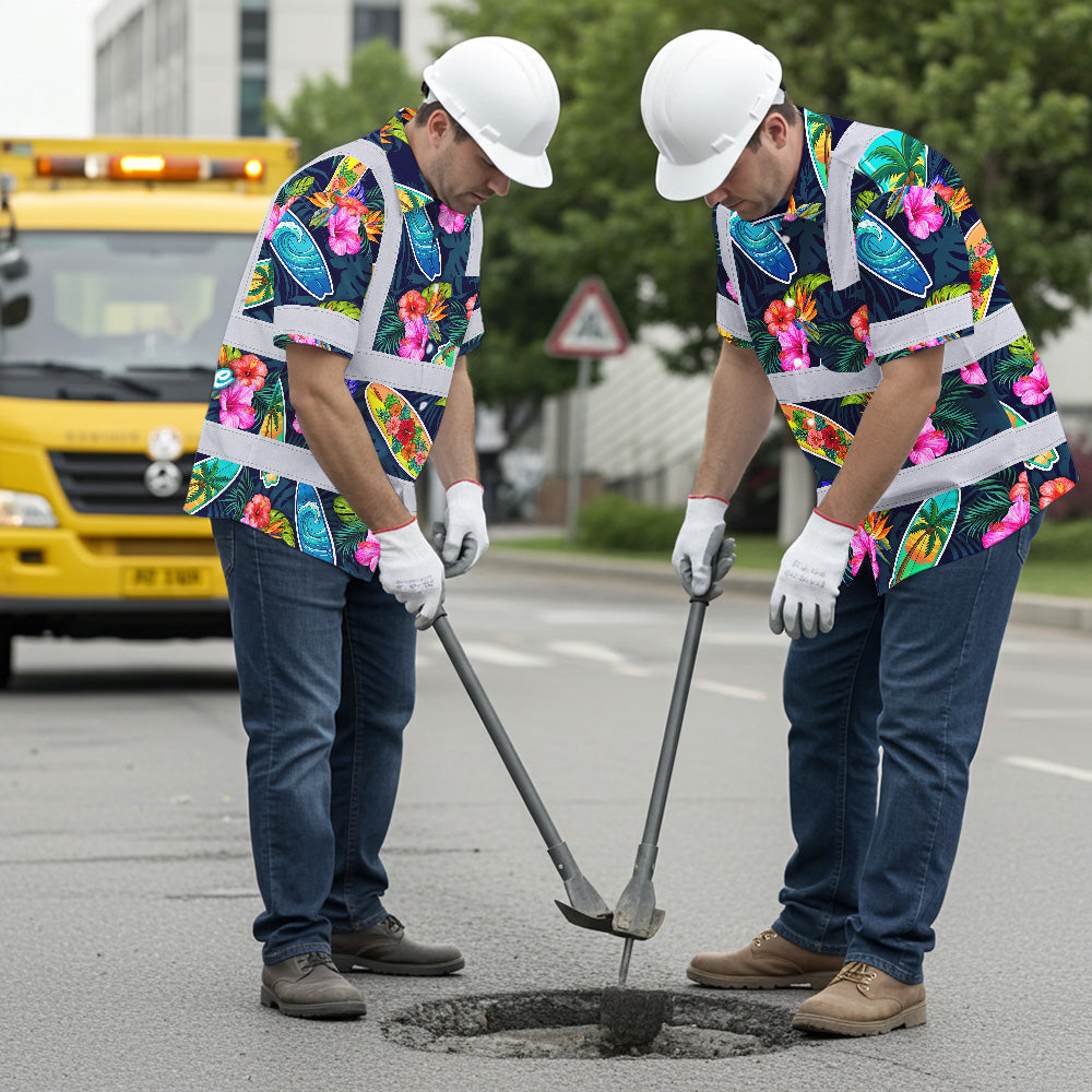 Hi Vis Hawaiian Shirt Reflective Tapes Surfboard Flower Sea Pattern Custom Name Safety Workwear For Mechanics, Workers, Truckers, Operators